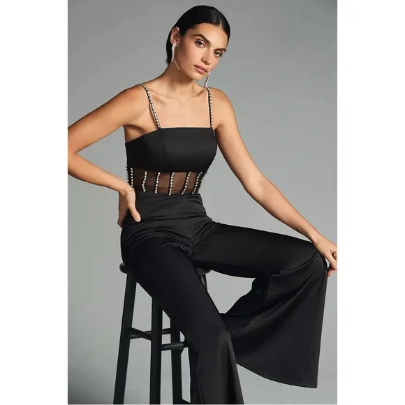 NWT Ieena‎ for Mac Duggal x Anthropologie Cutout Crystal Wide-Leg Jumpsuit Black